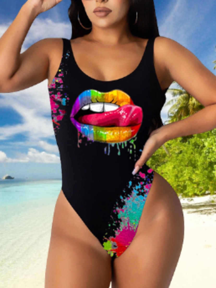 

Lovely Boho Lip Print Backless Black One-piece Swimsuit