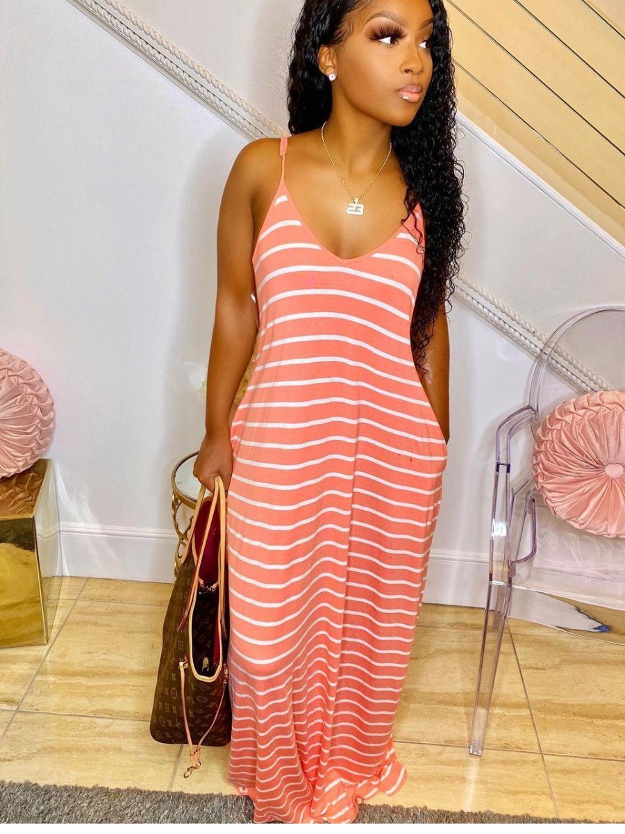 

Lovely Casual V Neck Striped Fan Fare Floor Length Dress