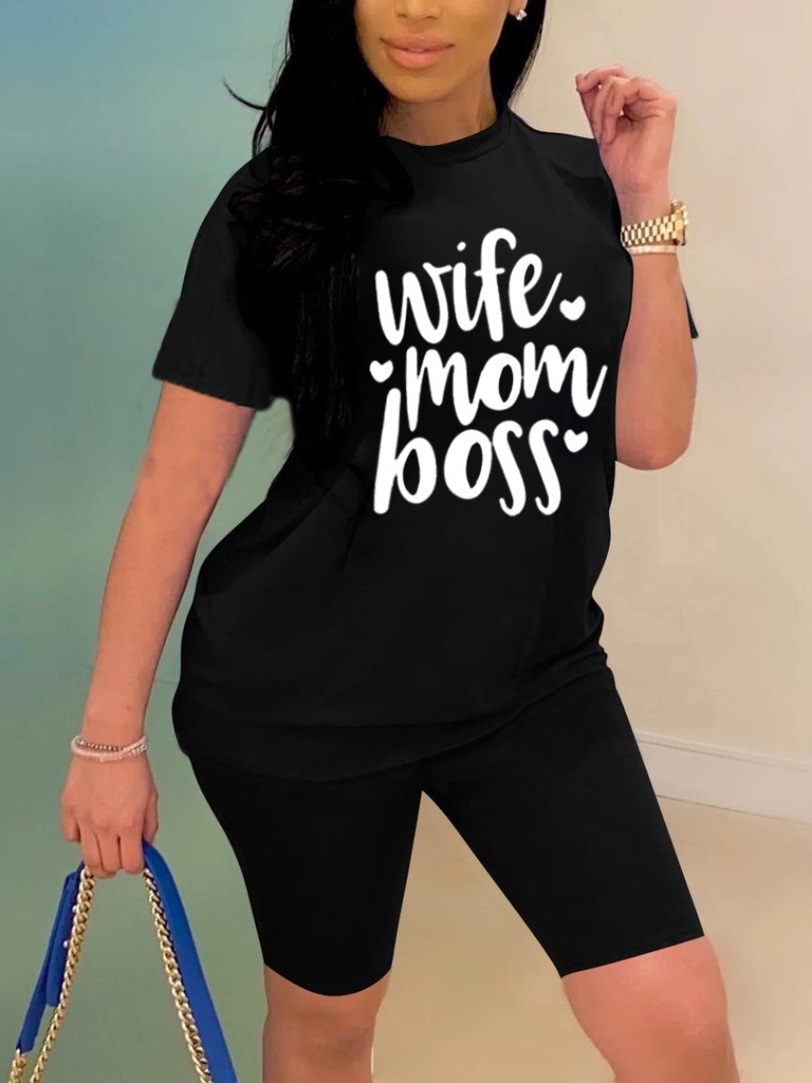 

LW Casual O Neck Letter Print Black Two Piece Shorts Set