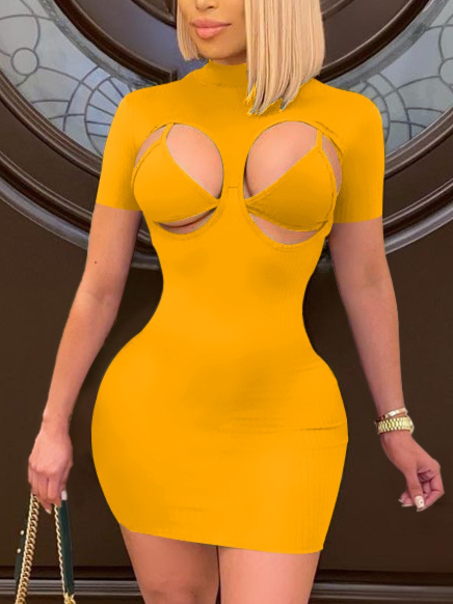 

Lovely Sexy Half A Turtleneck Hollow-out Yellow Mini Dress