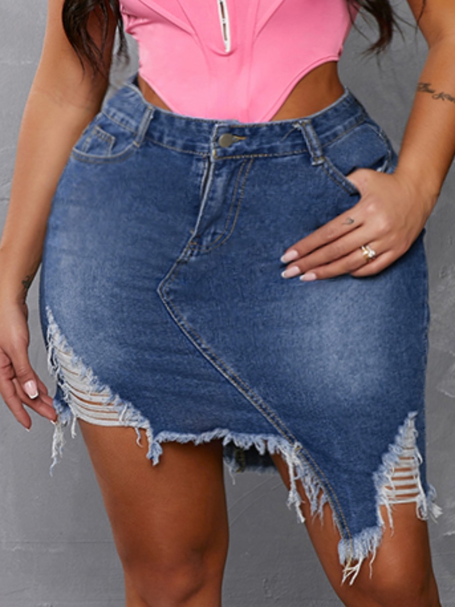 

Lovely Casual Mid Waist Ripped Blue Knee Length Denim Skirt