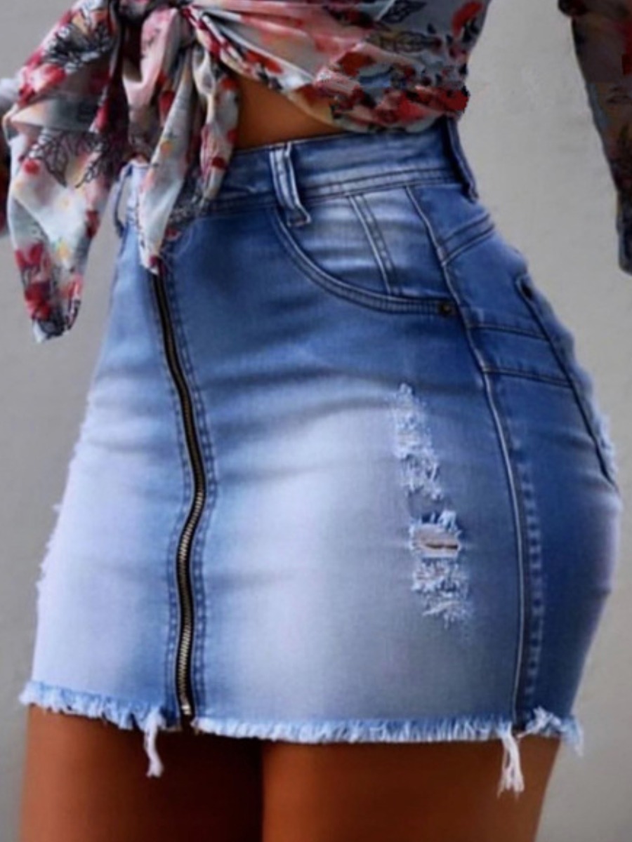 

Lovely Casual Ripped Zipper Design Baby Blue Mini Denim Skirt