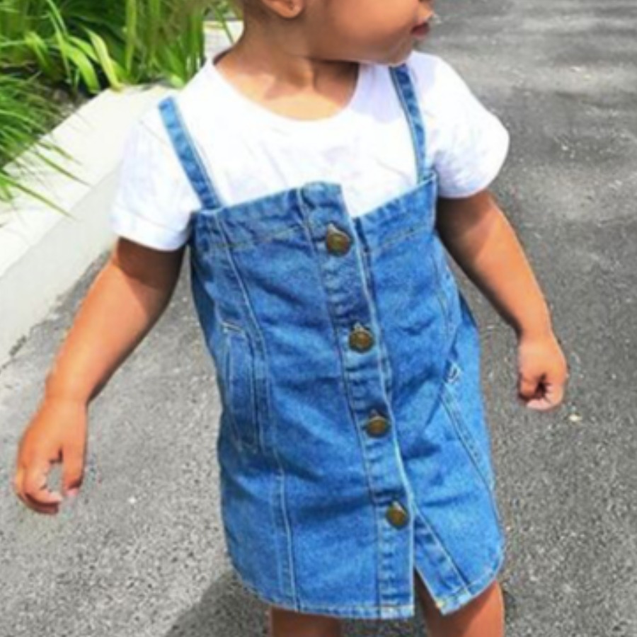 

Lovely Girl Casual Button Design Overall Baby Blue Knee Length Dress