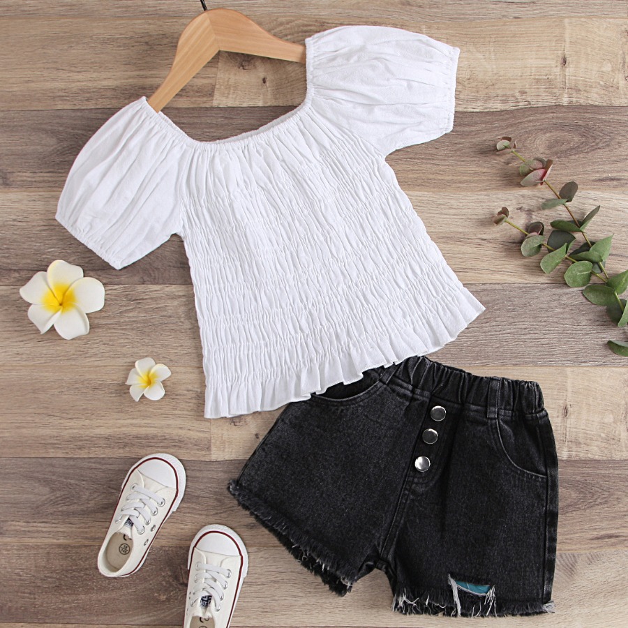 

Lovely Girl Casual Ruffle Design Raw Edge White Two Piece Shorts Set