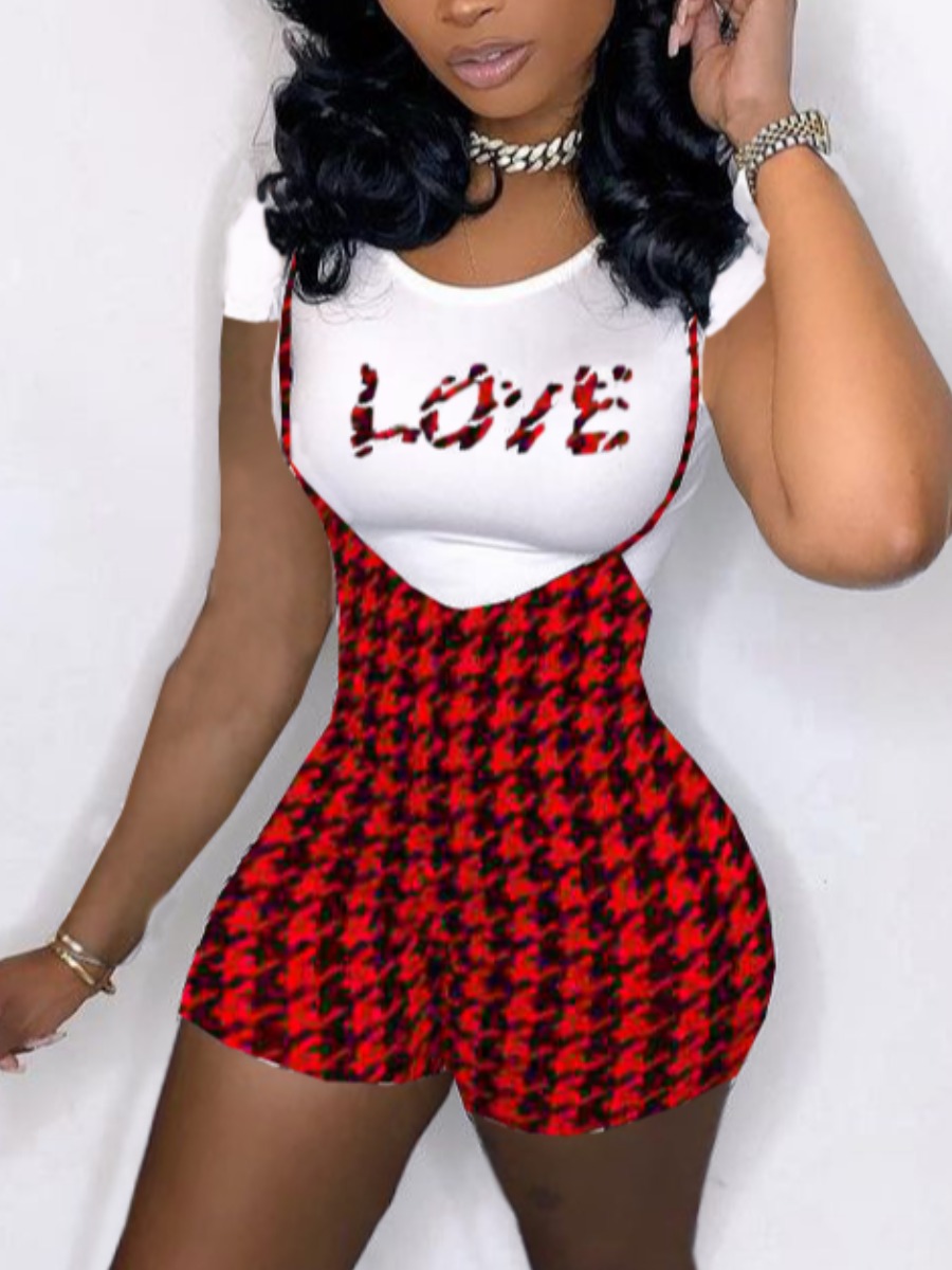

Lovely Casual Plaid Letter Print Overall Red Two Piece Shorts Set