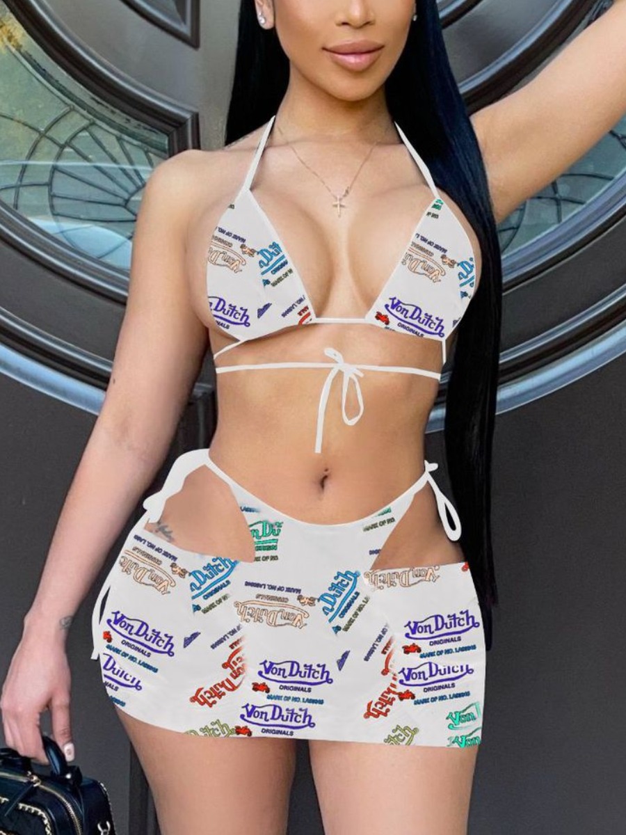 

LW Boho Letter Print Bandage Design White Three-piece Swimsuit