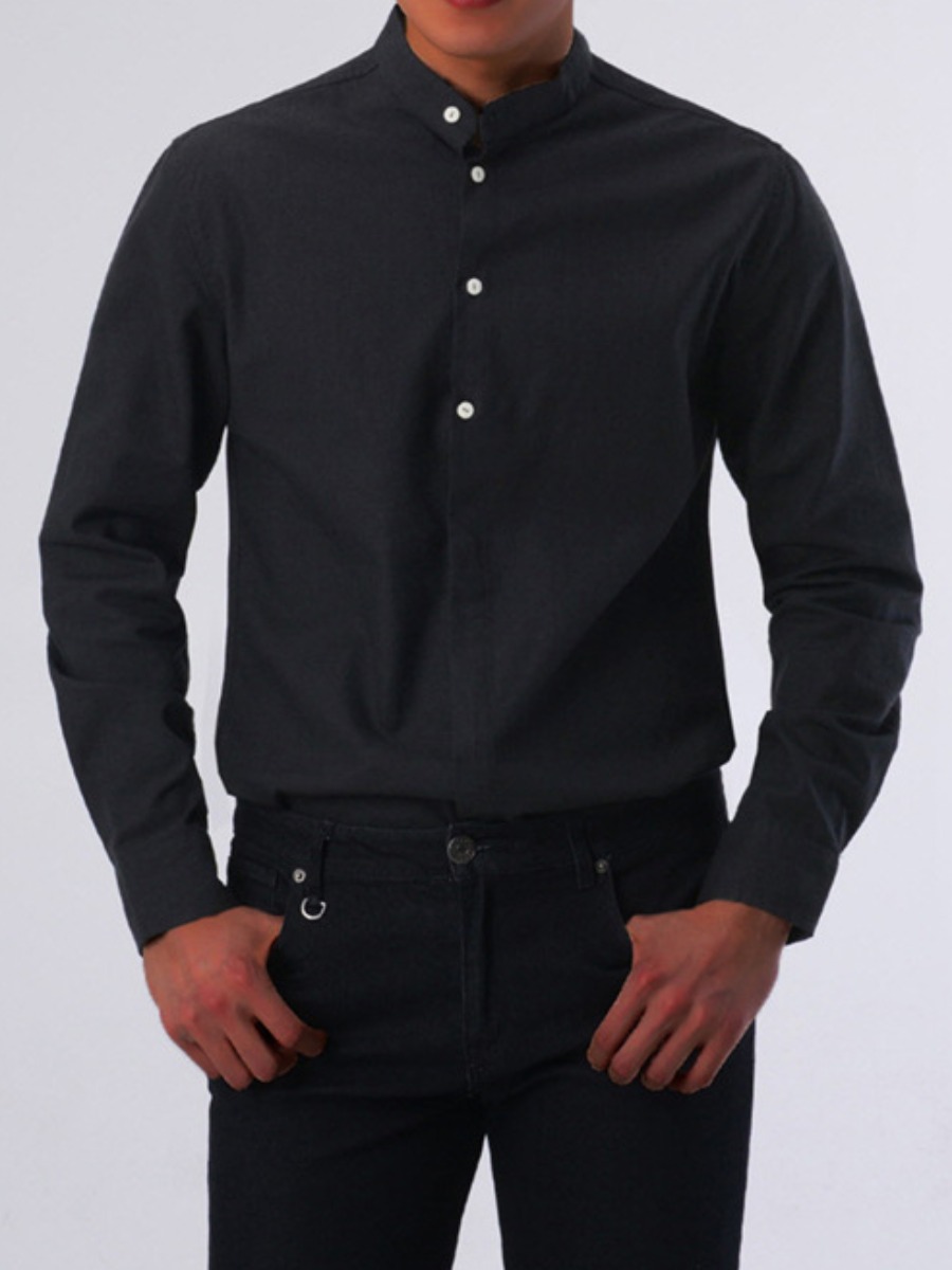 

Lovely Men Business Mandarin Collar Button Design Black Shirt