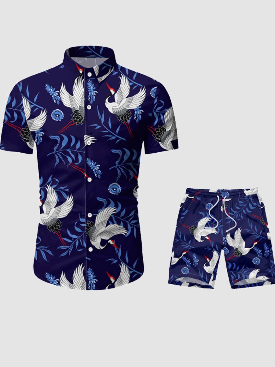 

Lovely Men Boho Floral Print Drawstring Blue Two Piece Shorts Set