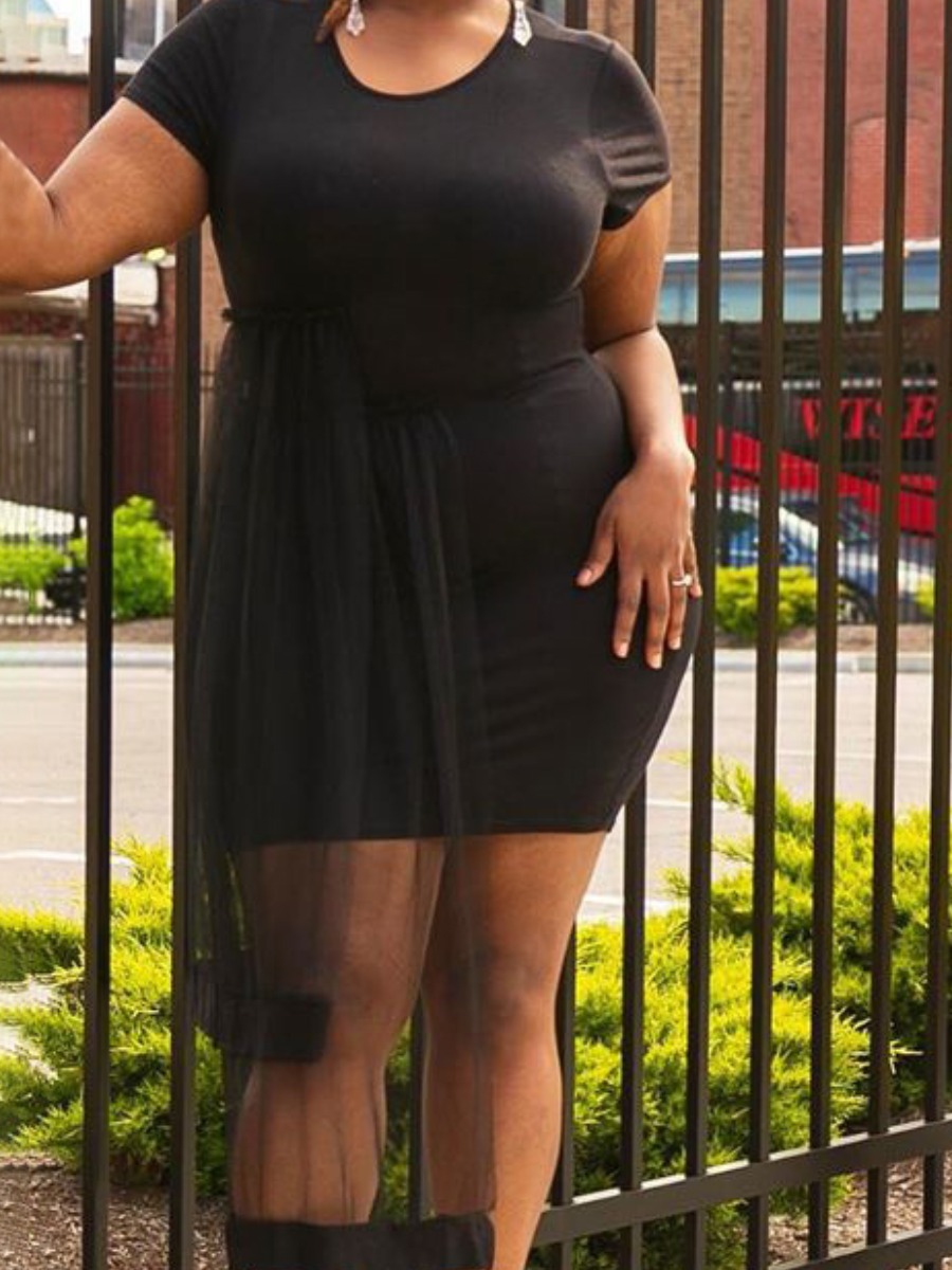 

Lovely Plus Size Street O Neck See-through Black Mini Dress