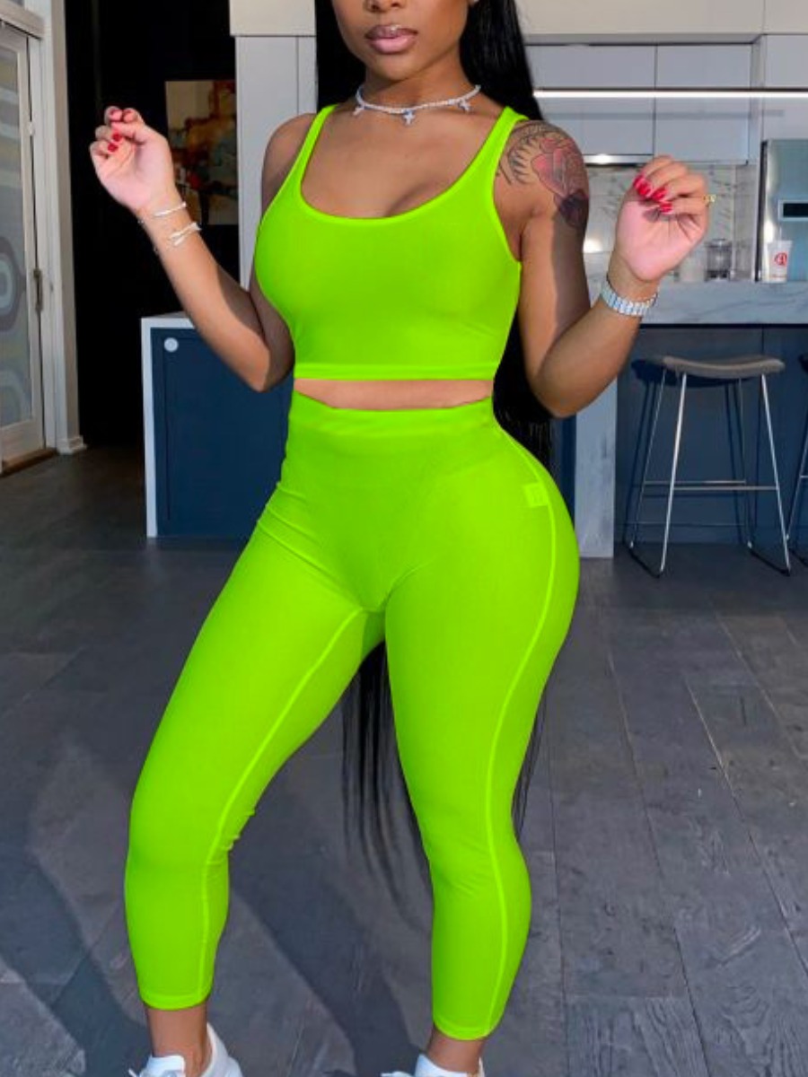 

Lovely Sporty U Neck Basic Skinny Green Yoga Two Piece Pants Set