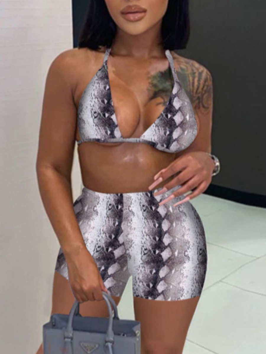 

Lovely Casual Animal Print Backless Grey Two Piece Shorts Set