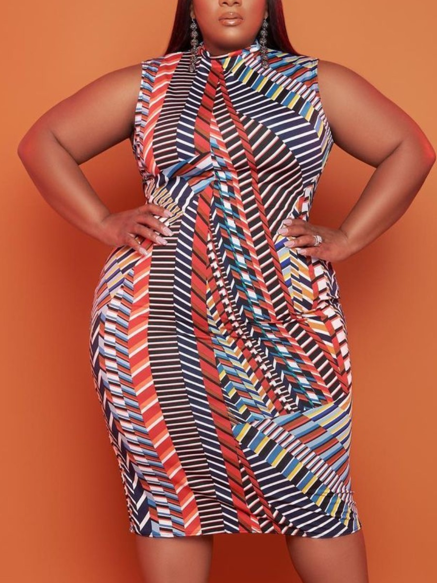 

LW Plus Size Casual O Neck Geometric Print Multicolor Knee Length Dress, Multi