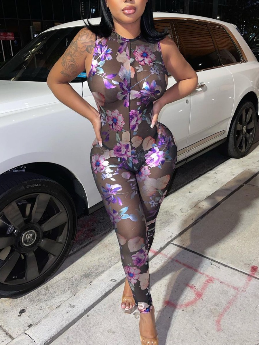 

Lovely Sexy Floral Print See-through Multicolor One-piece Jumpsuit, Multi