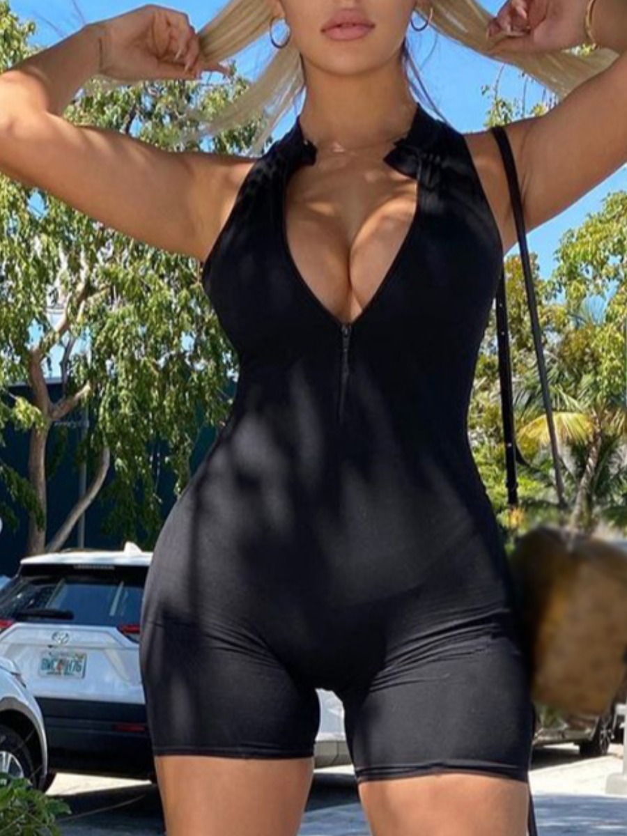 

Lovely Sporty V Neck Hollow-out Back One-piece Romper, Black