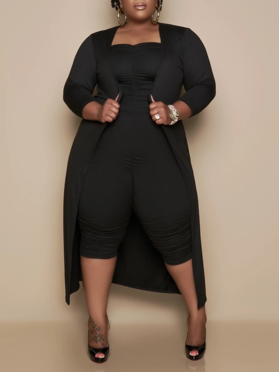 

Lovely Plus Size Casual Ruched Elastic Black Two-piece Shorts Set