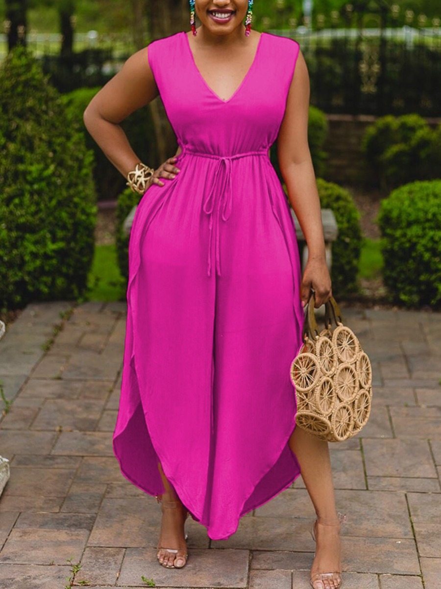 

Lovely Casual V Neck Bandage Design Asymmetrical Rose Red One-piece Jumpsuit