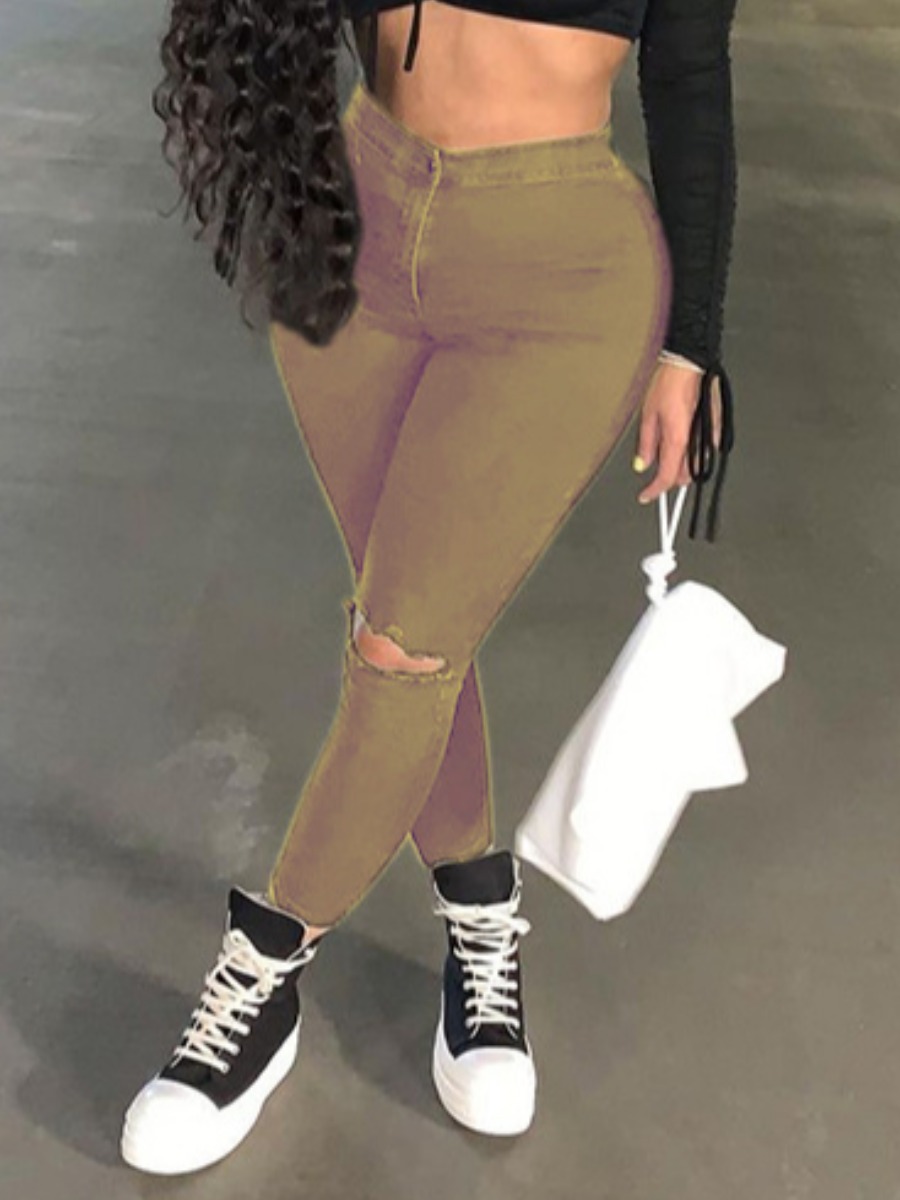 

Lovely Casual Mid Waist Ripped Apricot Jeans