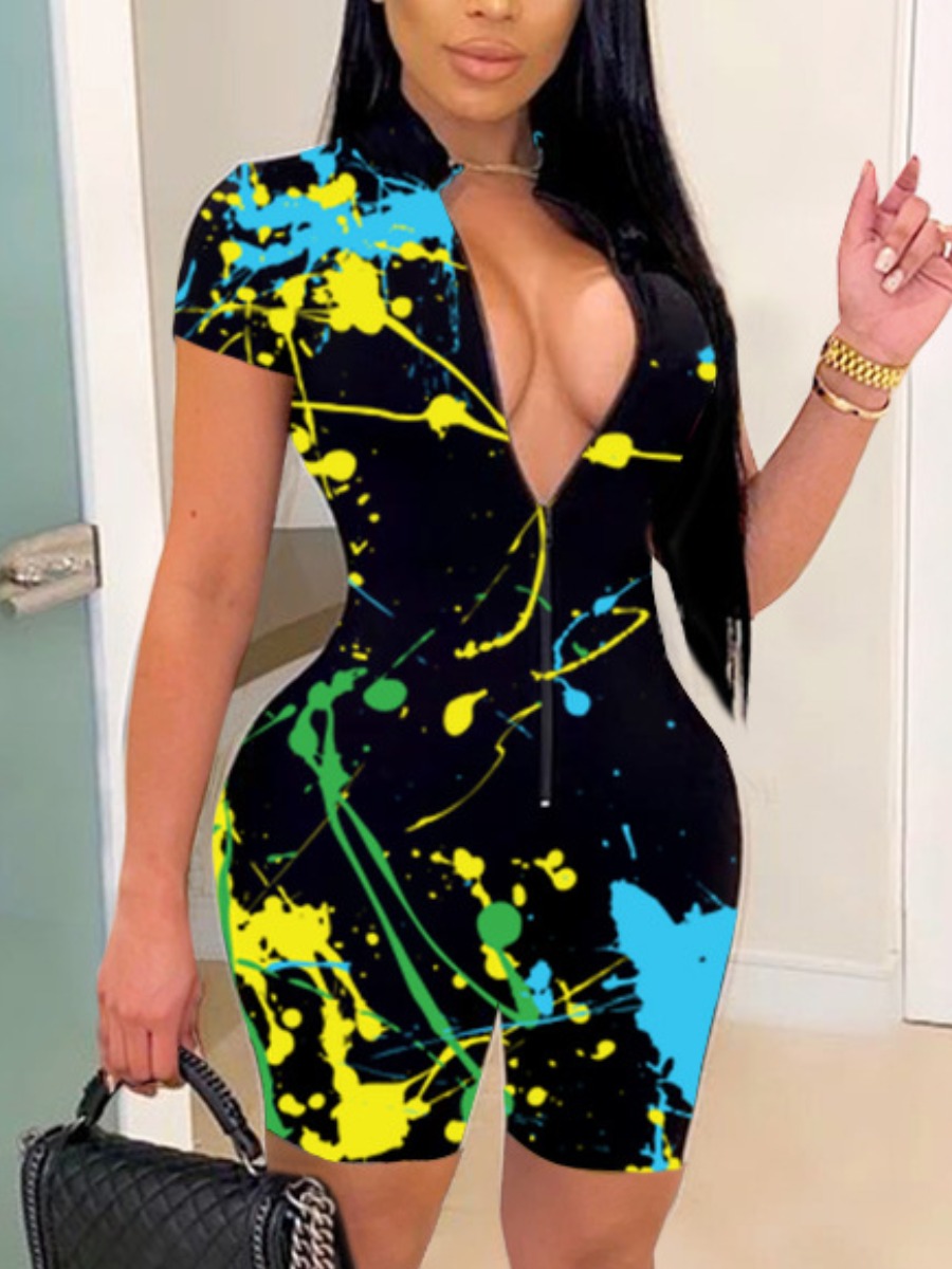 

Lovely Plus Size Street Splash Ink Print Zipper Design Black One-piece Romper, Multi