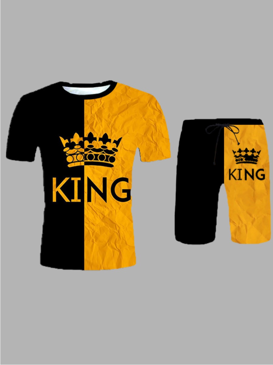 

LW Men Crown Letter Print King Shorts Set, Black