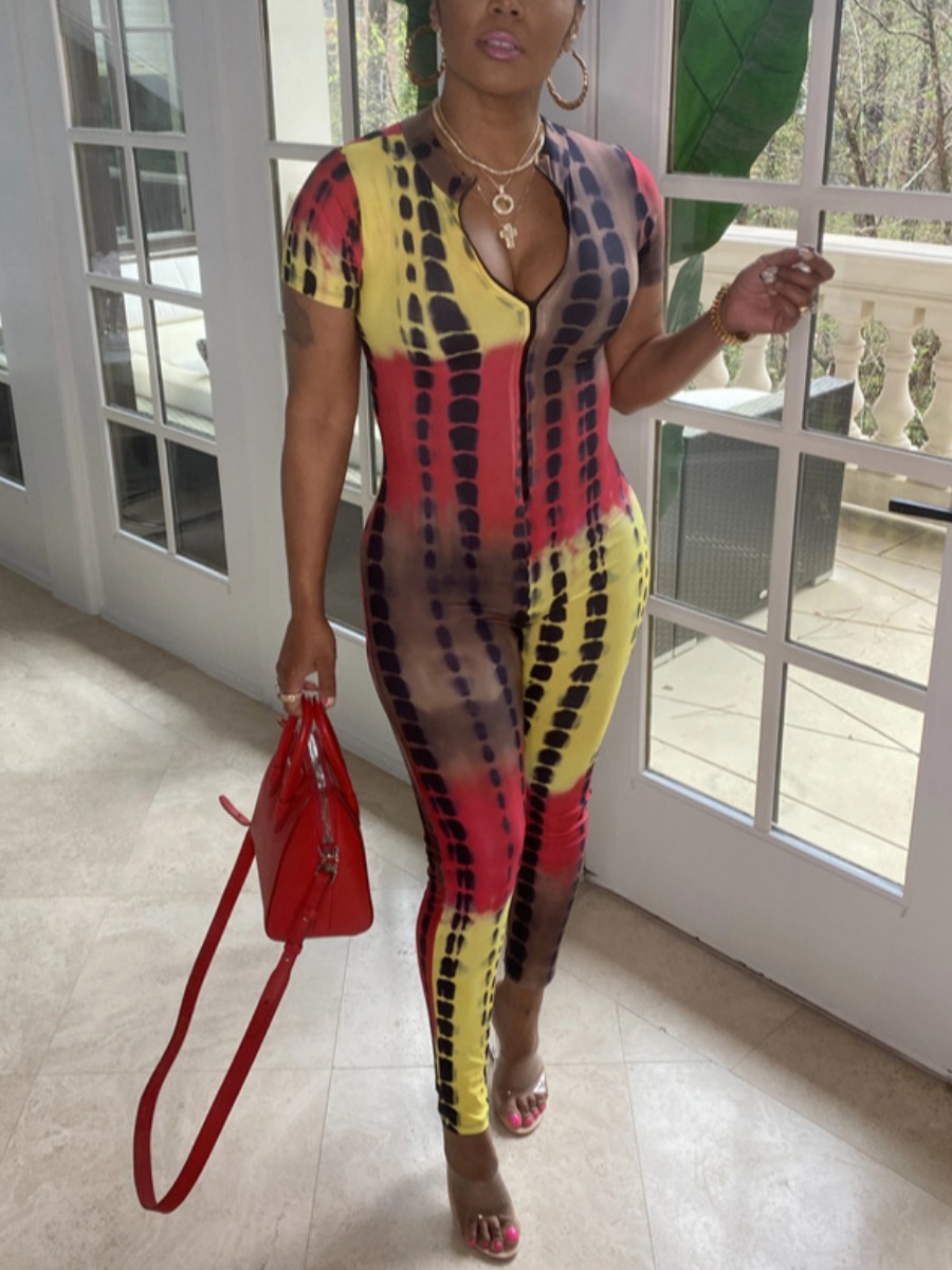 LW Street Tie-dye Zipper Design Yellow One-piece Jumpsuit
