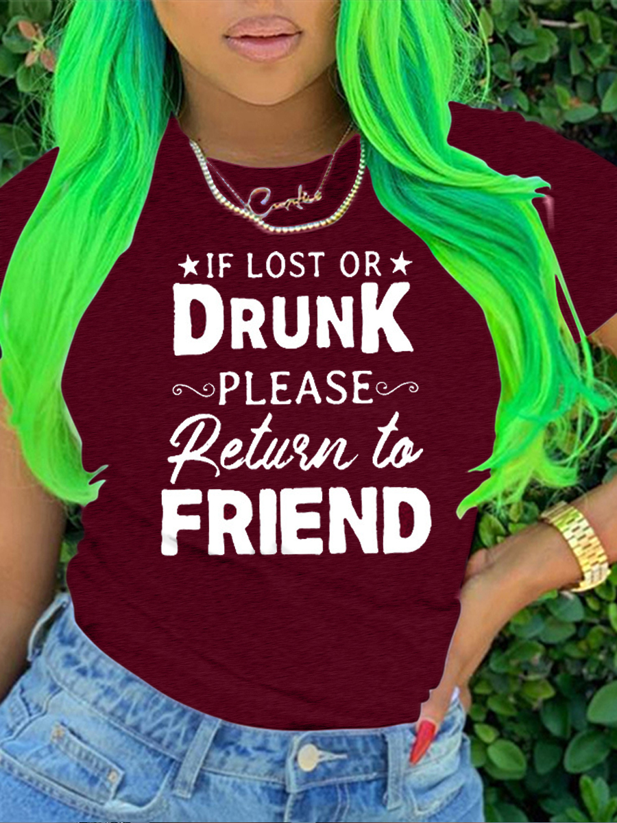 

Lovely Plus Size Casual O Neck Letter Print Wine Red T-shirt