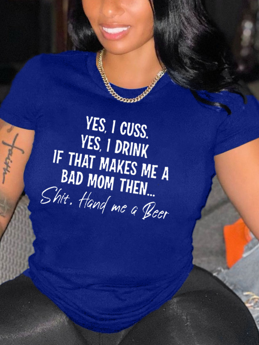 

Lovely Plus Size Street O Neck Letter Print Blue T-shirt