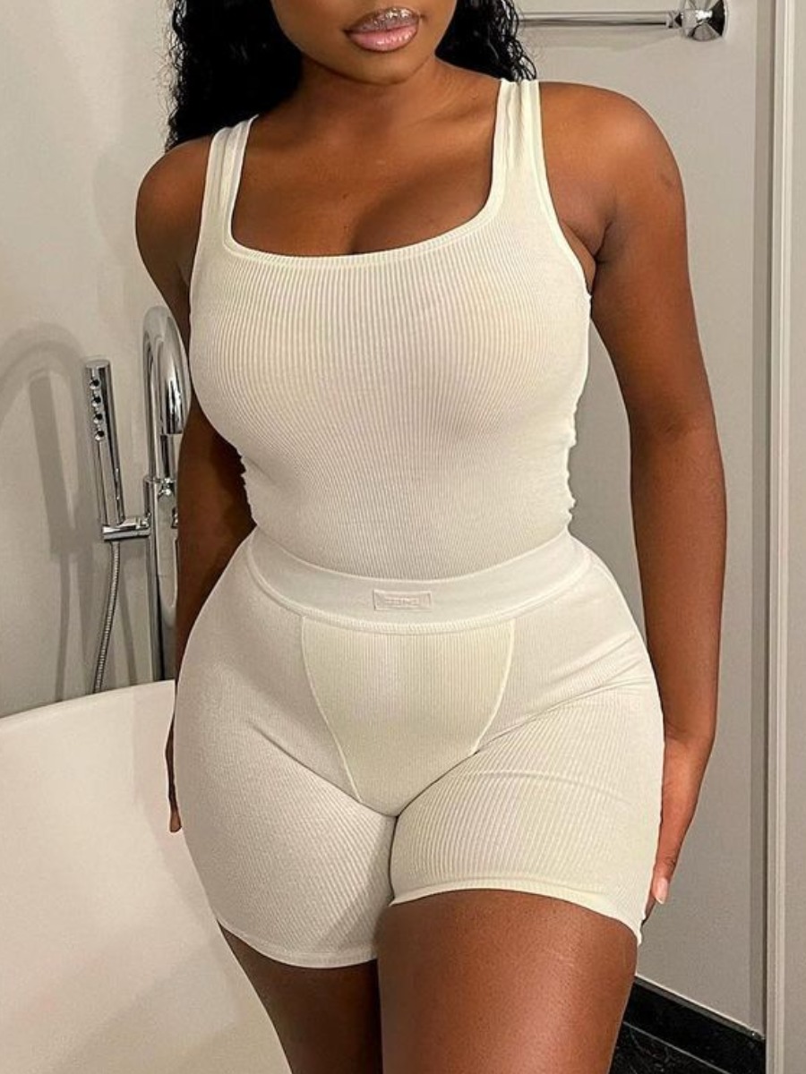

Lovely Casual U Neck Rib-Knit White Two Piece Shorts Set