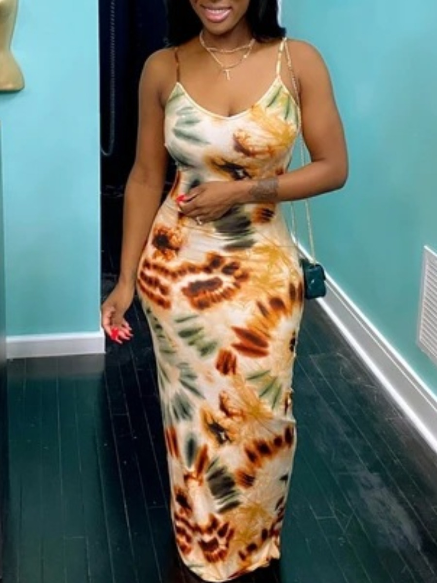 

Lovely Casual U Neck Tie-dye Croci Floor Length Dress