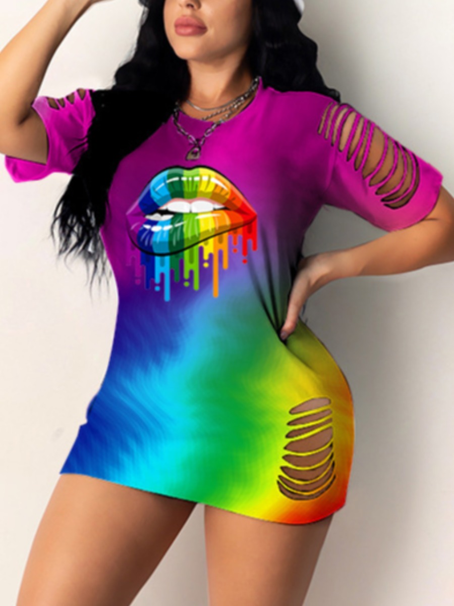 

Lovely Street Gradient Lip Print Ripped Purple Mini Dress