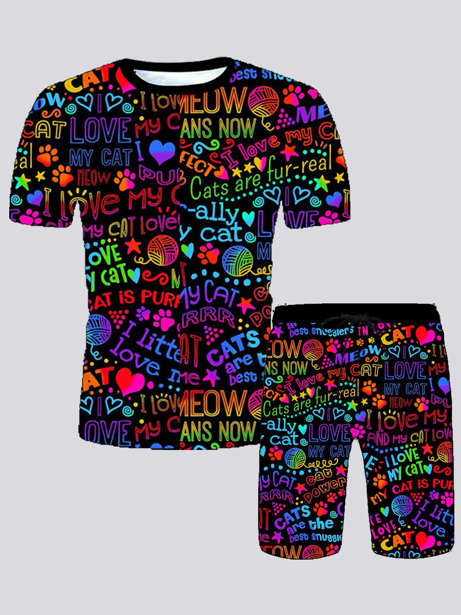 

Lovely Men Street Heart-shaped Letter Print Multicolor Two Piece Shorts Set, Multi