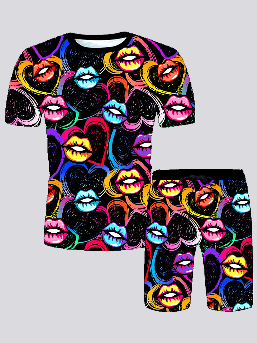 

Lovely Men Street O Neck Lip Print Multicolor Two Piece Shorts Set, Multi
