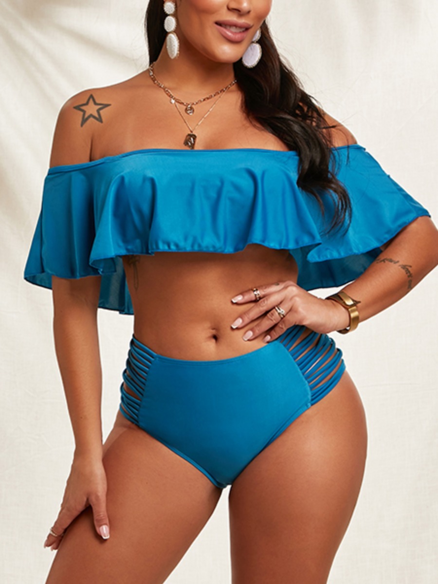 

Lovely Boho Off The Shoulder Flounce Design Blue Two-piece Swimsuit