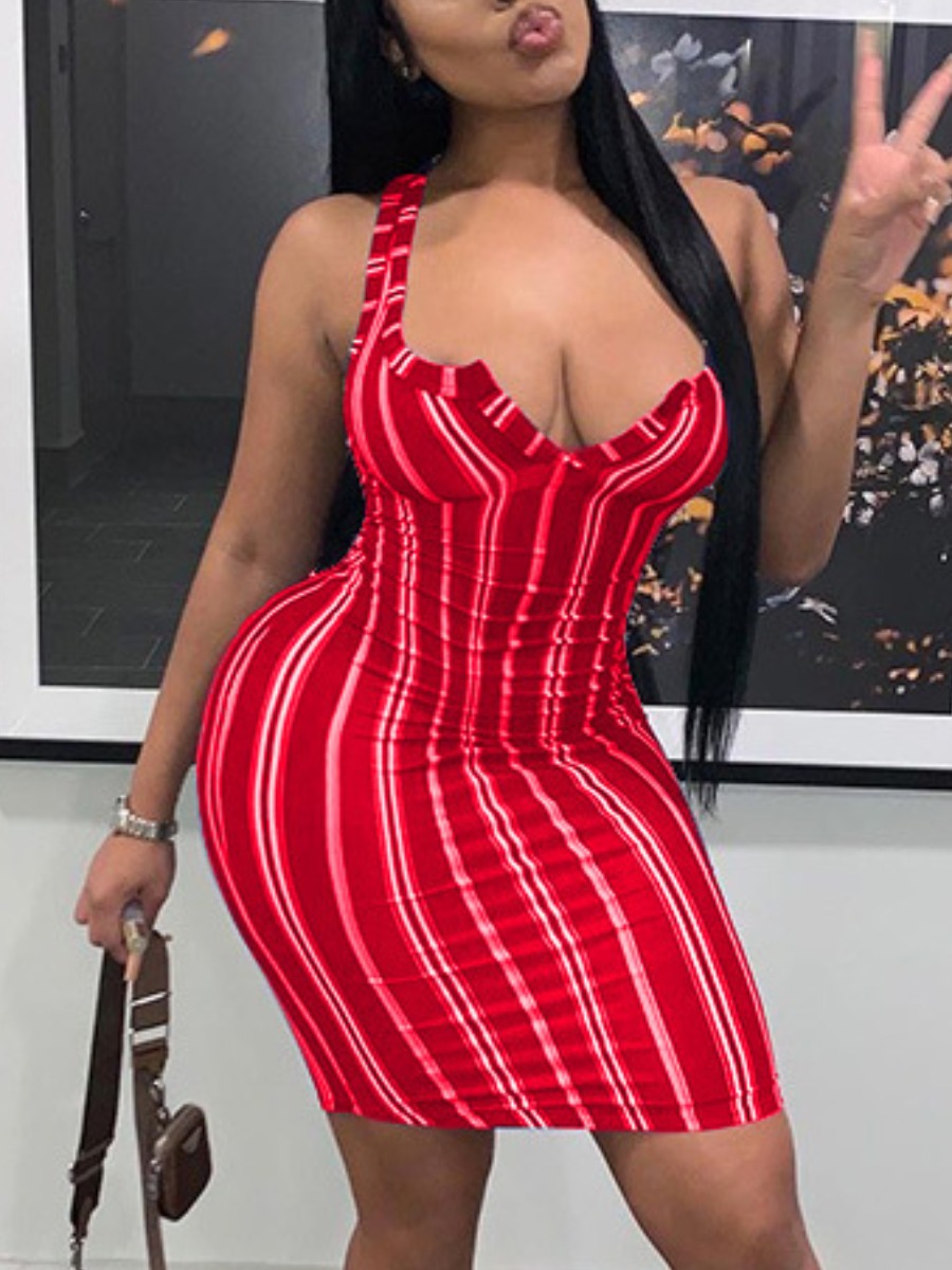 

LW SXY V Neck Striped Red Mini Dress