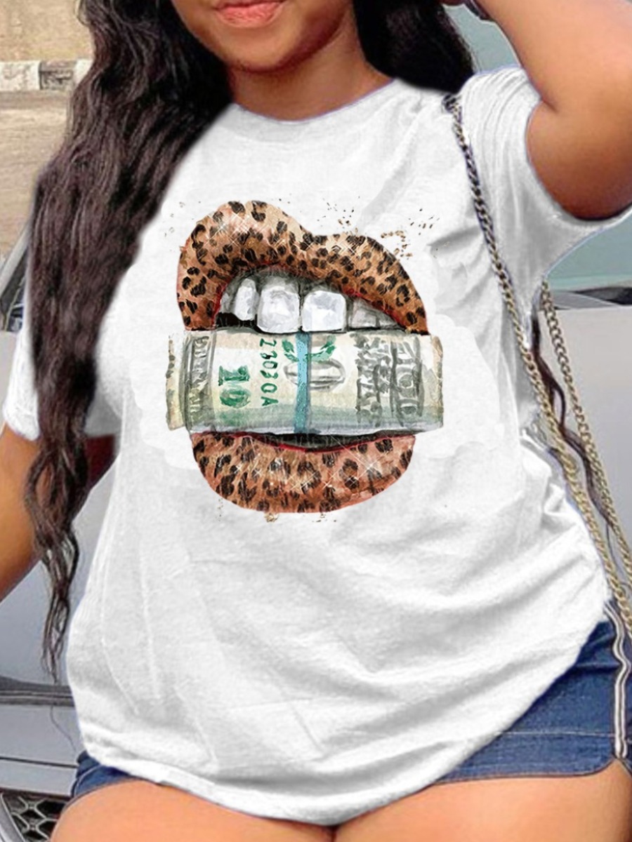 

Lovely Casual O Neck Money Lip Print White T-shirt