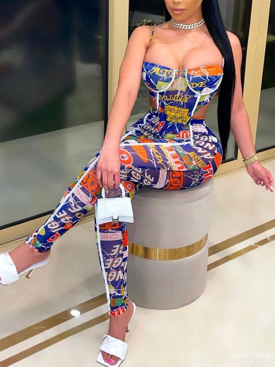 

LW Sexy Letter Print Hollow-out Blue Two Piece Pants Set