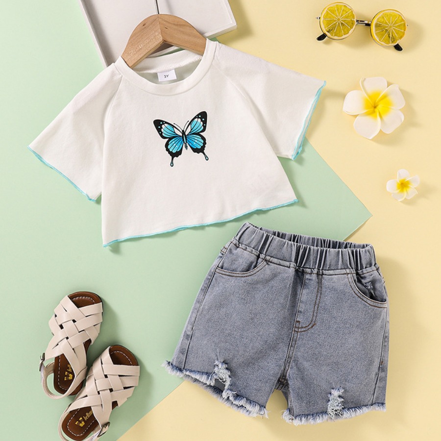 

Lovely Casual Butterfly Print Raw Edge White Two Piece Shorts Set