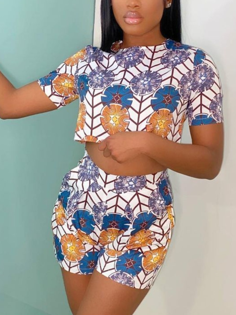 

LW Casual O Neck Geometric Print Multicolor Two Piece Shorts Set, Multi
