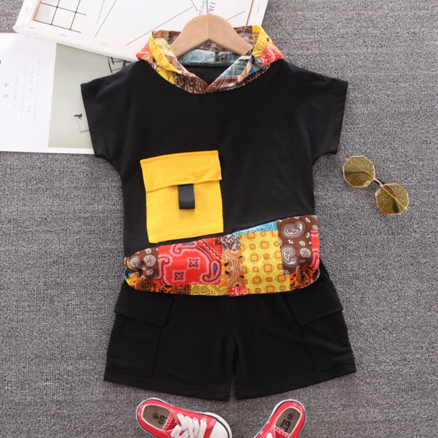 

Lovely Boy Street Hooded Collar Cashew Print Black Two Piece Shorts Set