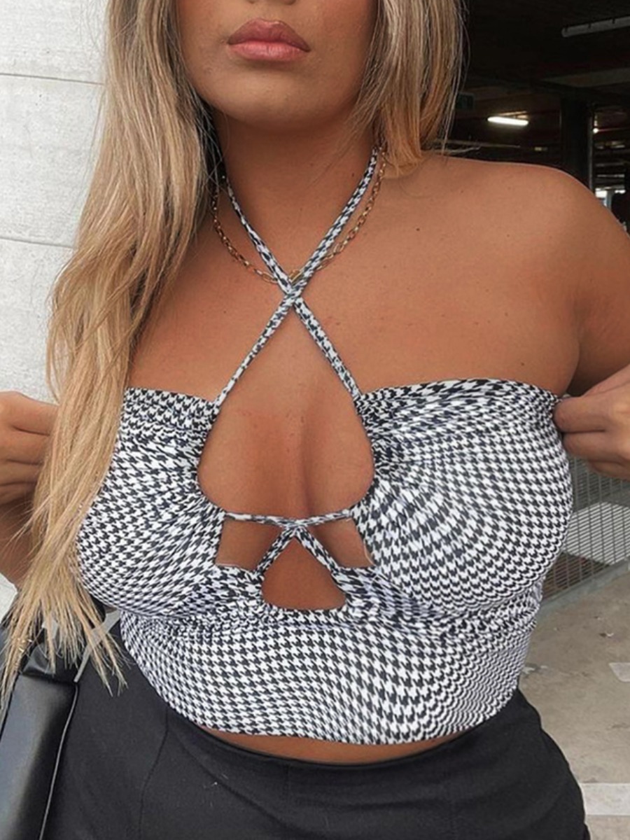 

Lovely Plus Size Sexy Plaid Print Bandage Design Black And White Camisole