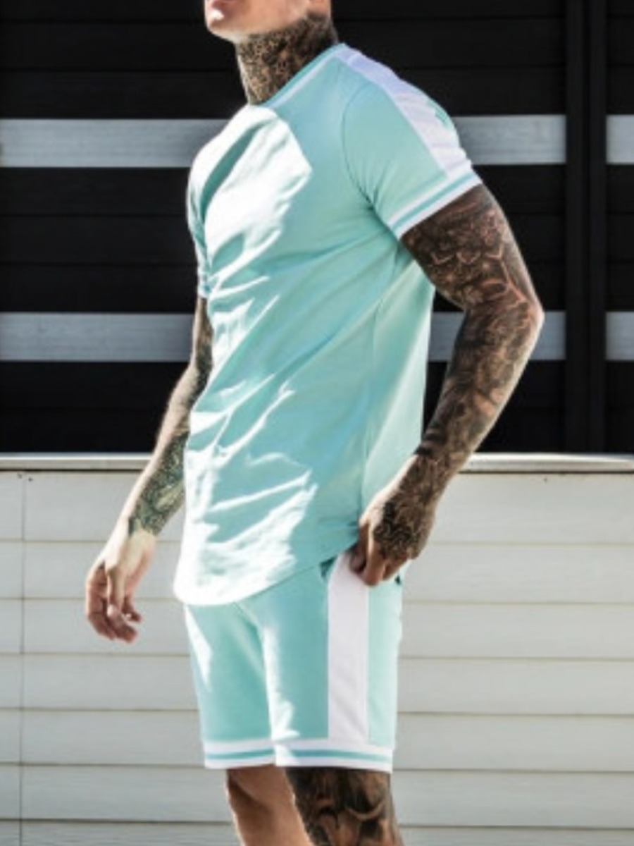 

Lovely Men Street O Neck Striped Baby Blue Two Piece Short Set