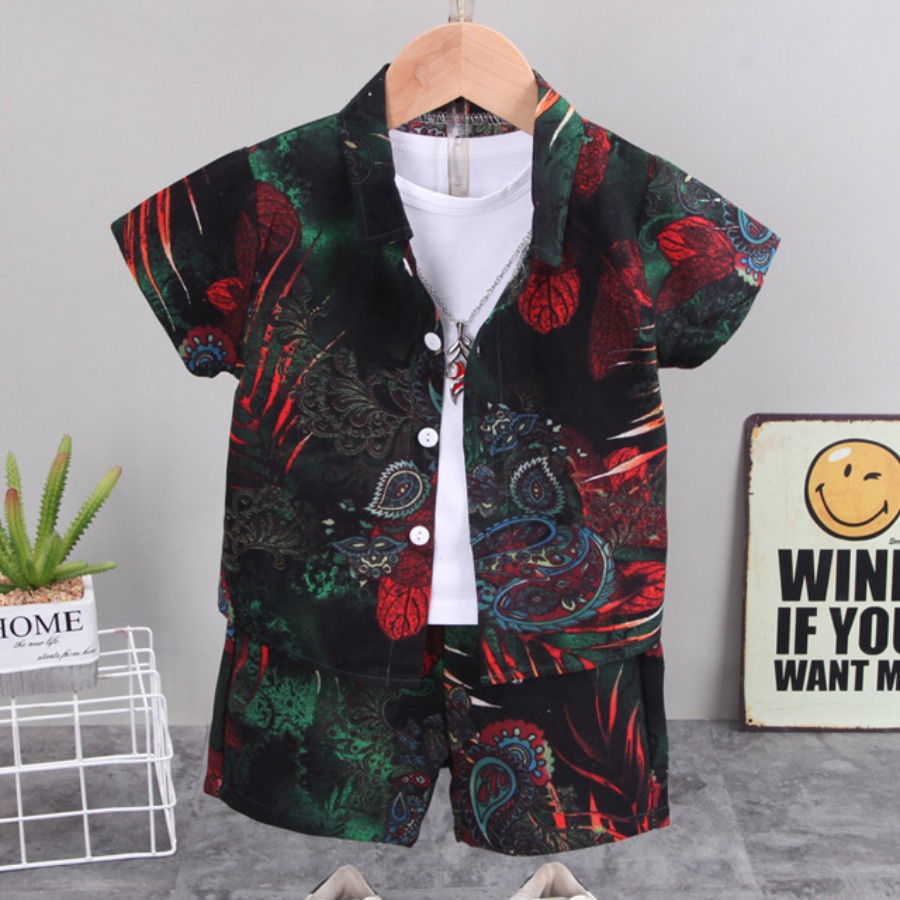 

Lovely Boy Street Turndown Collar Floral Print Black Two Piece Shorts Set