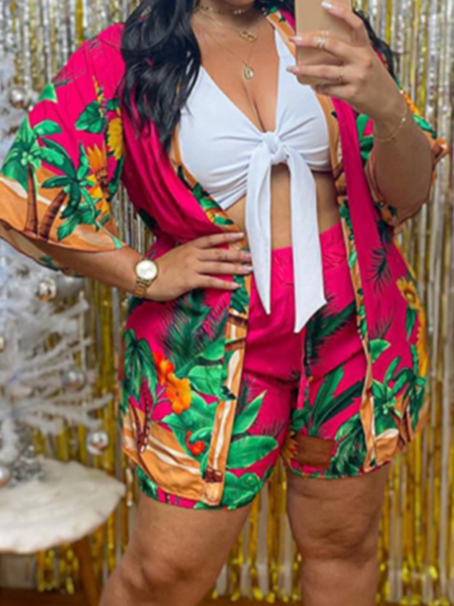 

Lovely Plus Size Boho Floral Print Bandage Design Red Three-piece Shorts Set