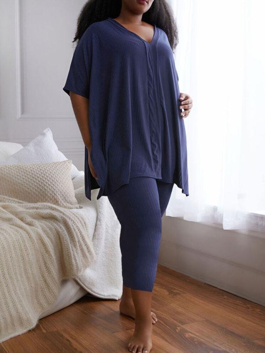 

Lovely Plus Size Casual V Neck Split Blue Two-piece Pants Set