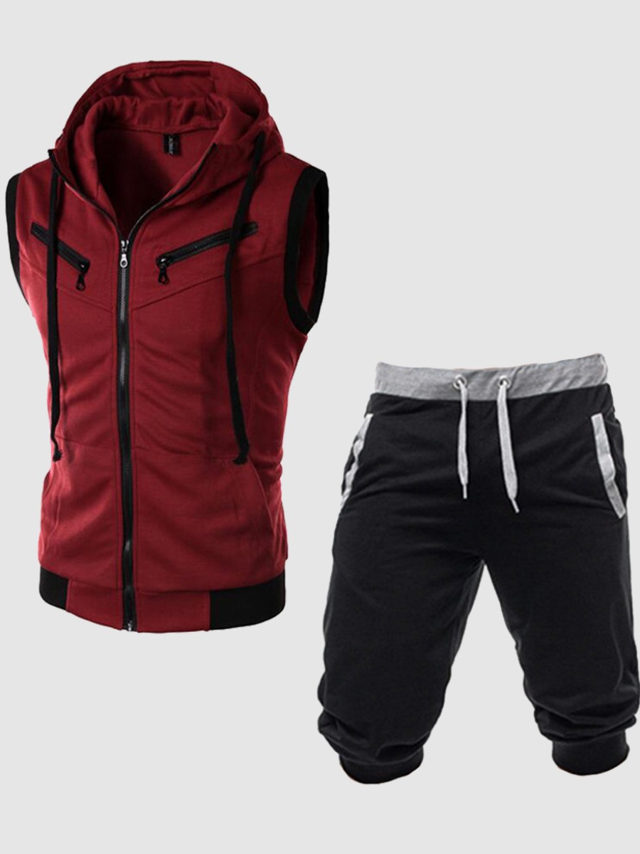 

Lovely Men Casual Hooded Collar Drawstring Wine Red Two Piece Shorts Set