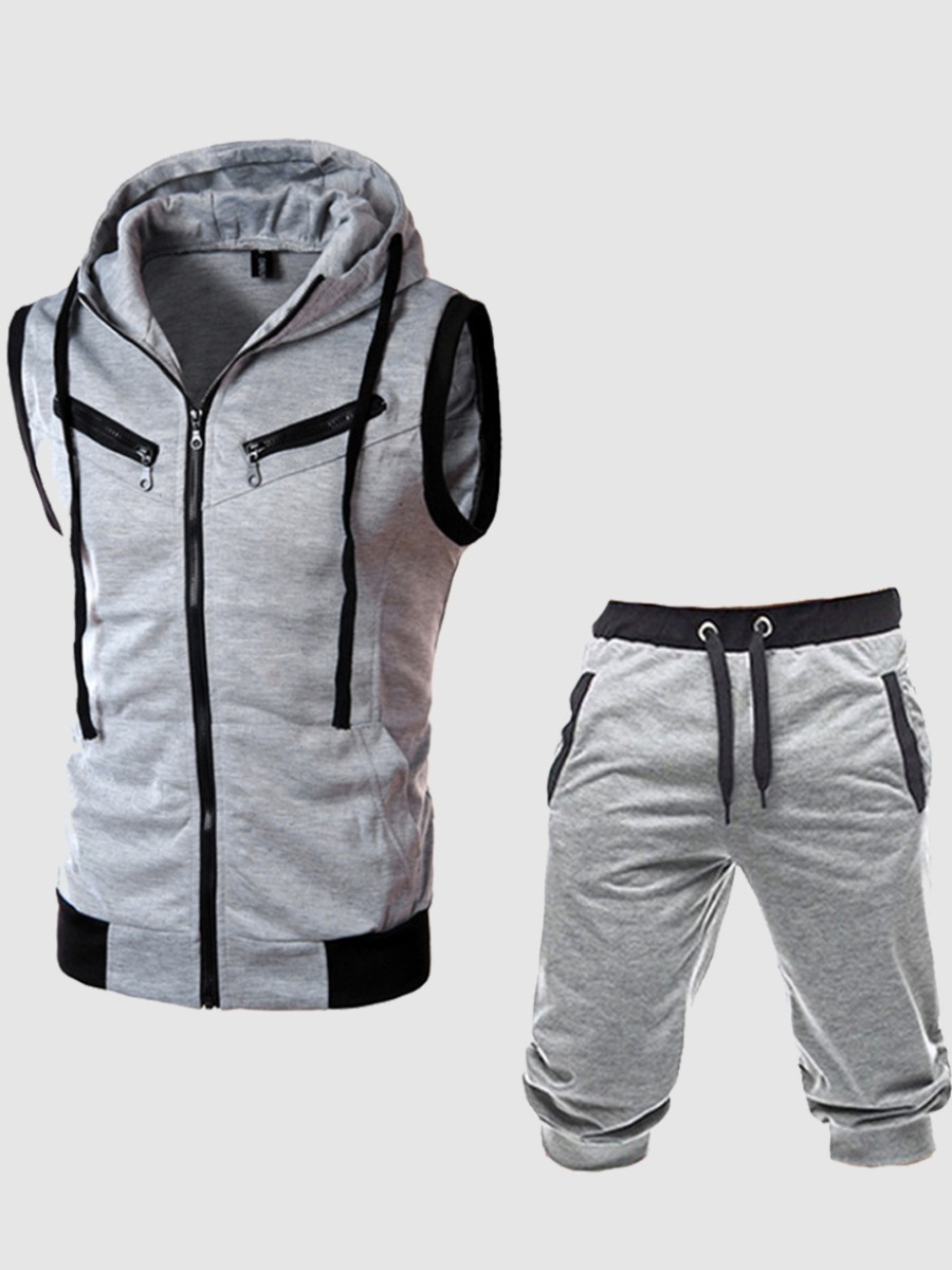 

LW Men Casual Hooded Collar Drawstring Light Grey Two Piece Shorts Set