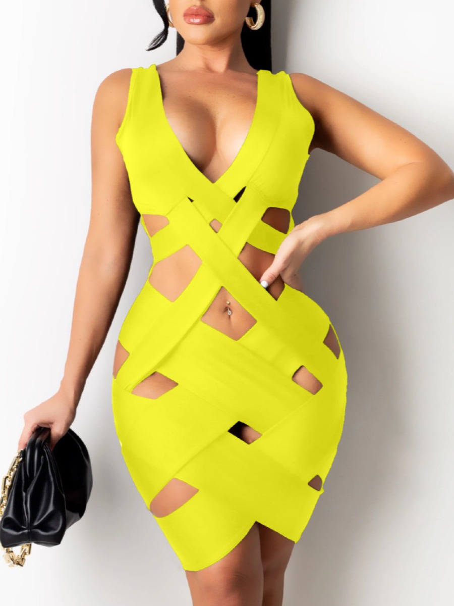

Lovely Sexy Bandage Hollow-out Design Yellow Knee Length Dress
