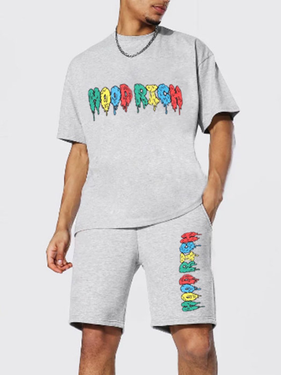 

LW Men Casual O Neck Letter Print Grey Two Piece Shorts Set