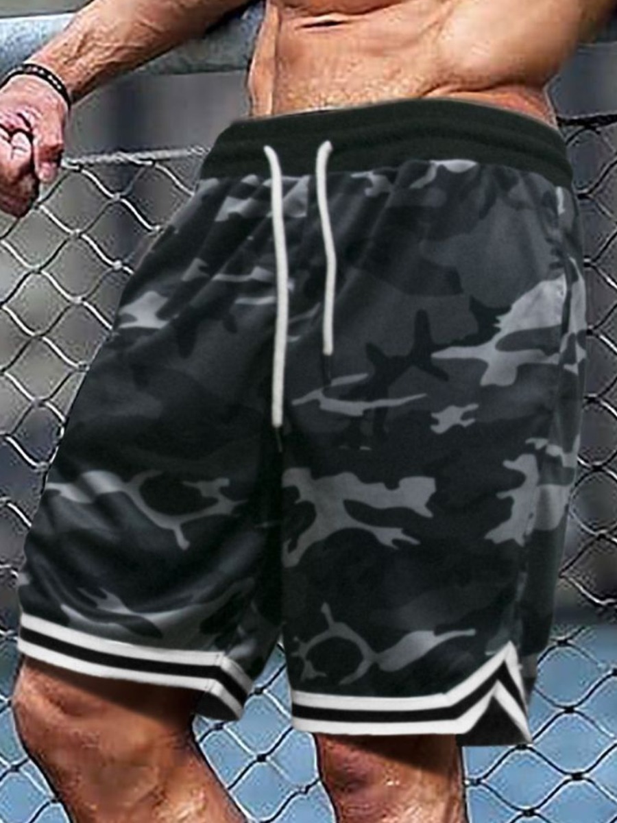

Lovely Men Sporty Camo Print Drawstring Striped White Shorts, Black camouflage