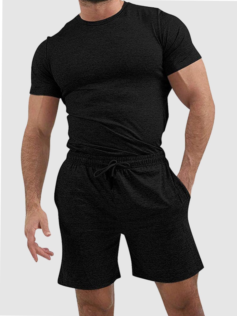 

Lovely Men Sporty O Neck Drawstring Black Two Piece Shorts Set