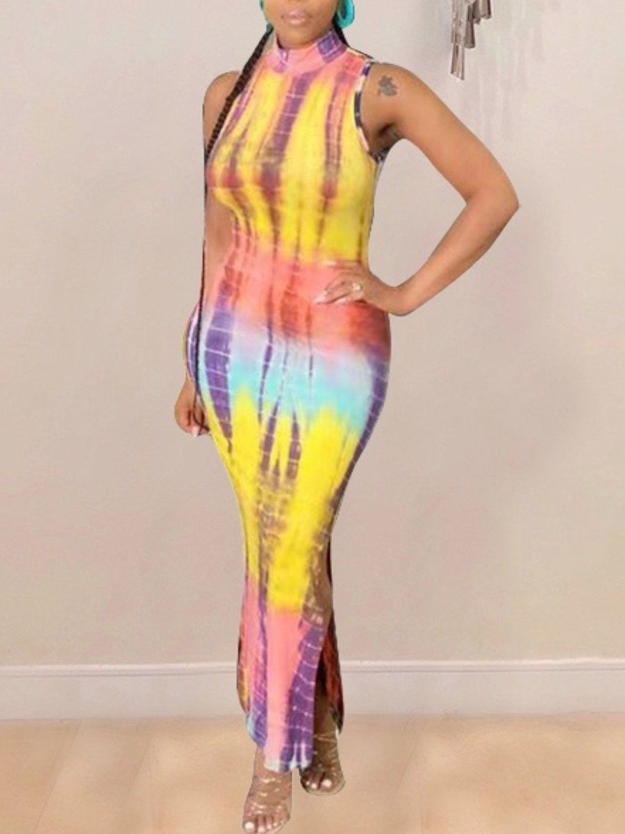 

Lovely Casual Turtleneck Tie-dye Split Yellow Ankle Length Dress